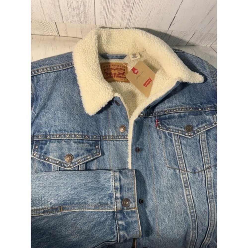 Levi's Strauss Sherpa Lined Denim Jacket Womens LG Studded Trucker Blue